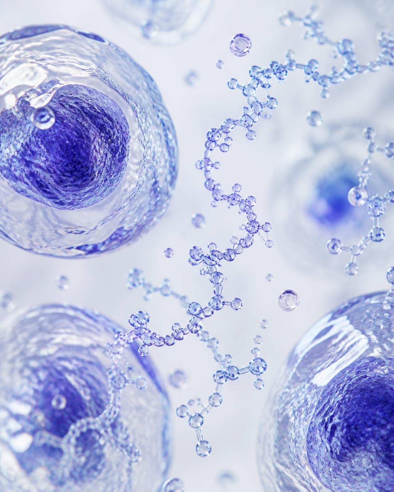 Translucent cellular structures and peptide chains suspended in clear serum